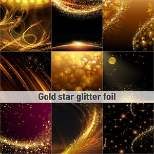 Gouden ster glitter folie Clipart, Diamant, glam sparkle texturen, Digitalshimmer, Lichten overlays, gloeiende maan en nachtelijke hemel, mystieke achtergrond