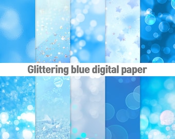 Glittering blue, digital paper,Summer backgrounds, Printable backgrounds with fairy lights for birthday parties,Bokeh sparkling blue