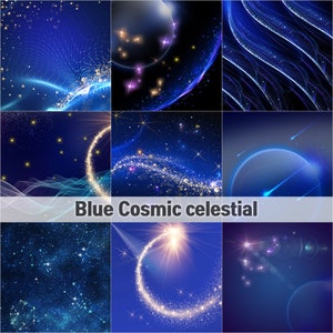 Kosmische Hemelse, Blauwe glitter, Achtergronden texturen, Sterrenstof, Solay systeem met planeten, Digitale melkweg overlays, nachtelijke hemel gloeiende maan
