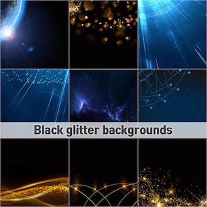Zwarte glitter achtergronden Clipart, glam sparkle texturen, Gold Digital glans, Lichten overlays, gloeiende hemel, mystieke achtergrond, maan en ster