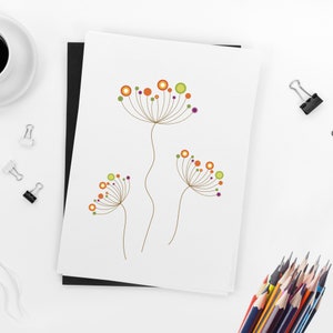 Peut inclure: Trois motifs abstraits de pissenlits avec des cercles orange, verts et violets sur du papier blanc.