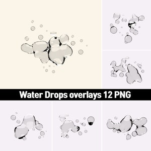 Puede incluir: Doce superposiciones de gotas de agua transparentes en formato PNG. Las gotas son de varios tamaños y formas, algunas son redondas, otras son alargadas y otras están agrupadas.