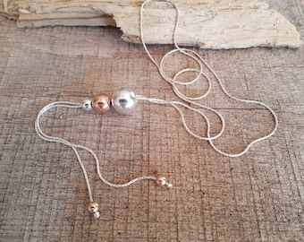 Rose Gold and Silver adjustable Necklace, Handmade Sterling Silver,