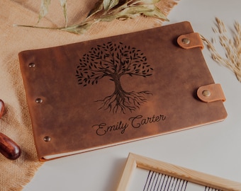 Leder-Memorybuch mit individuellem Namen, personalisiertes Leder-Journal für einzigartiges Geschenk, handgefertigtes Baum des Lebens-Journal