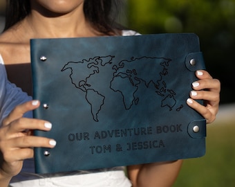 Leren gepersonaliseerd avonturenboek voor stel, huwelijksreisgeheugenboek in leer, aangepast avonturendagboek