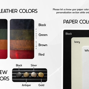 Op de afbeelding: Lederkleurenstalen in zwart, groen, bruin en rood. Papierkleurenstalen in zwart, ivoor en wit. Schroefkleurenstalen in zwart, zilver, antiek en goud. Laat ons tijdens het bestellen weten welke papierkleur je wilt in de personalisatiesectie!