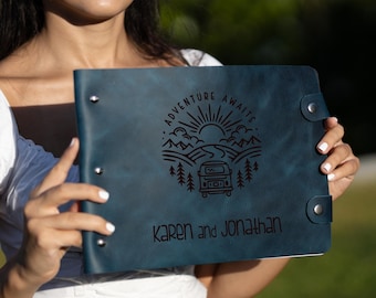Custom Personalized Travel Journal in Leather, Caravan Design Scrapbook Photo Album for Memories, Best Gift Idea for Couples, Christmas Gift