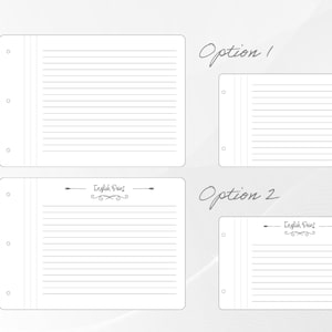 May include: Two options for lined paper with holes for a binder. Option 1 is a smaller size with a plain header. Option 2 is a larger size with a header that says "English Point" with a decorative flourish.