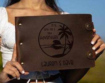 Personalized Leather Adventure Journal, Tropical Palm Tree Design Scrapbook with Photo Album, Bestfriend Gift, Anniversary Gift for Wife
