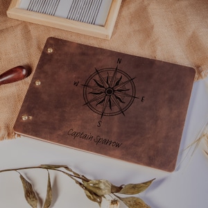 Leather Travel Memory Book with Compass Motif, Monogrammed Adventure Book For Best Friend, Personalized Adventure Journal, Christmas Gift