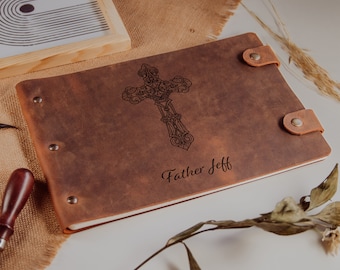 Libro degli ospiti di matrimonio religioso fatto a mano in pelle, diario cristiano per uomo in vera pelle, libro degli ospiti in pelle personalizzato