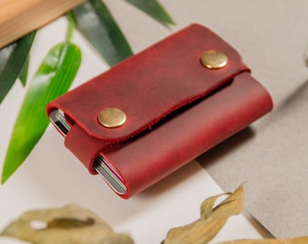 Business card case in crazy horse leather, Business card holder for promotion gift, Credit card wallet in red leather