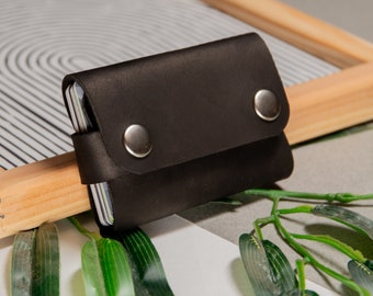 Tarjetero de cuero para regalo de cumpleaños, Estuche para tarjetas de visita para novio, Cartera para tarjetas de crédito hecha a mano en cuero negro