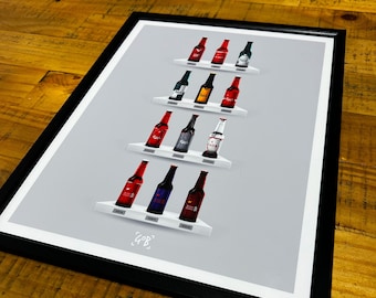 May include: A framed print featuring a collection of beer bottles, arranged in rows on shelves. The bottles are all different colours and have various labels. The print is on a grey background and has the text "{GOB}" at the bottom.