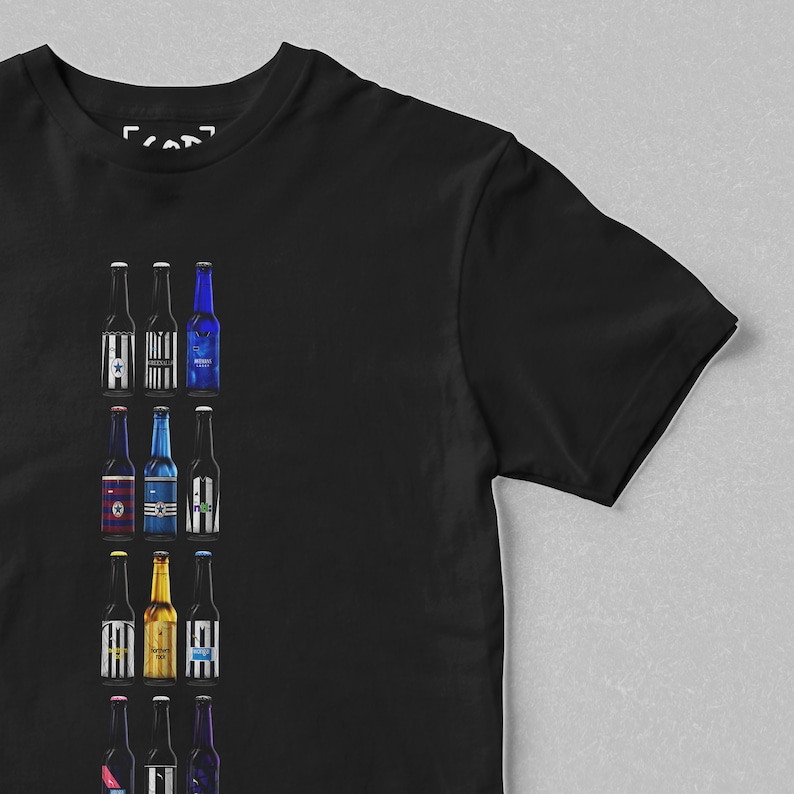 May include: Black t-shirt with a vertical row of nine different colored beer bottles. Each bottle has a unique label with a different design.