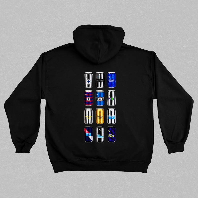 May include: Black hoodie with a vertical row of 12 colorful cans printed on the back. Each can has a different design with black and white stripes and a logo.