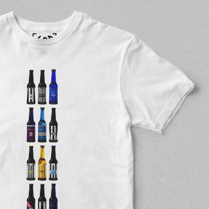 May include: White t-shirt with a vertical row of 12 colorful beer bottles printed on the front. The bottles have different labels with various designs and text.