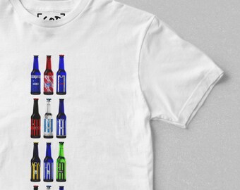 May include: White t-shirt with a vertical row of 10 beer bottles, each with a different soccer team's jersey design. The jerseys are in various colors, including blue, red, white, black, and yellow.