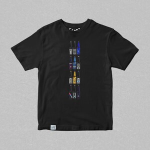 May include: Black t-shirt with a graphic of a vertical row of different colored beer bottles.