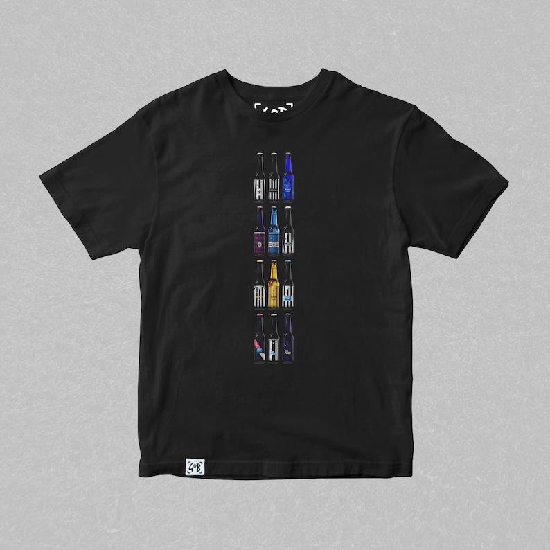 May include: Black t-shirt with a graphic of a vertical row of different colored beer bottles.