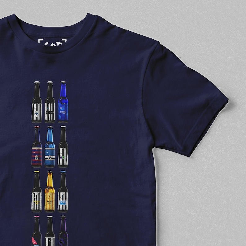 May include: A navy blue t-shirt with a vertical row of 12 different colored beer bottles. Each bottle has a unique design and label.