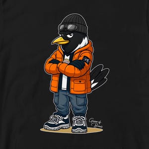 Puede incluir: Ilustraci&oacute;n de dibujos animados de un p&aacute;jaro con una chaqueta acolchada naranja, gorro negro con gafas y vaqueros azules. El p&aacute;jaro tiene los brazos cruzados y lleva zapatillas. El texto "Game of Brews" est&aacute; en la parte inferior derecha.