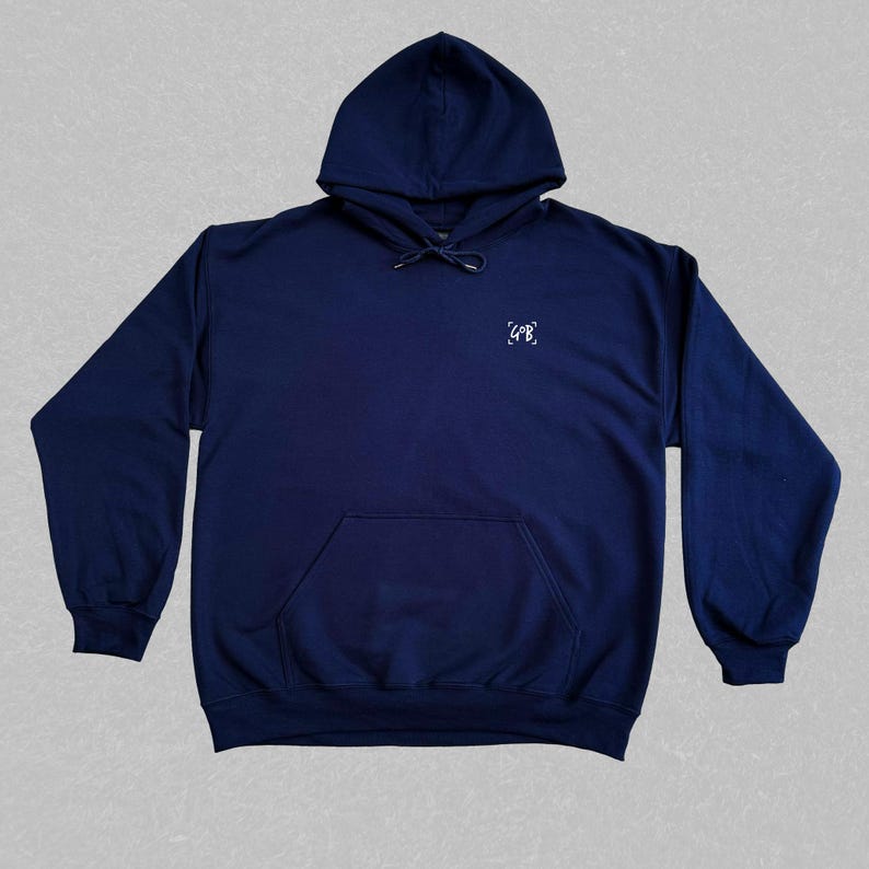 May include: A navy blue hooded sweatshirt with a small white embroidered logo on the front. The sweatshirt has a kangaroo pocket.
