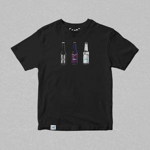 May include: Black t-shirt with a graphic of three beer bottles. The bottles are labeled "Heineken", "Budweiser", and "Corona".