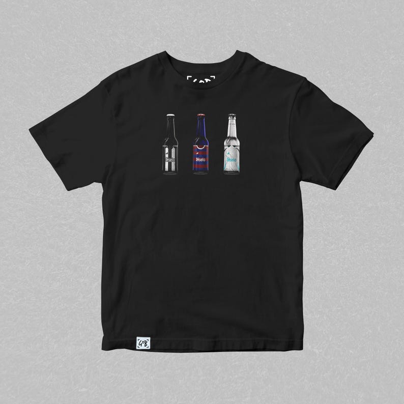 May include: Black t-shirt with a graphic of three beer bottles. The bottles are labeled "Heineken", "Budweiser", and "Corona".