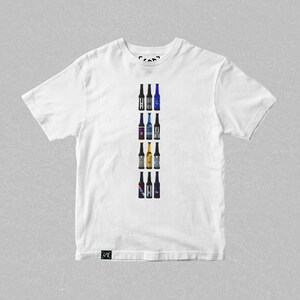 May include: White t-shirt with a vertical row of 12 different colored beer bottles printed on the front. The bottles are all different brands and styles.