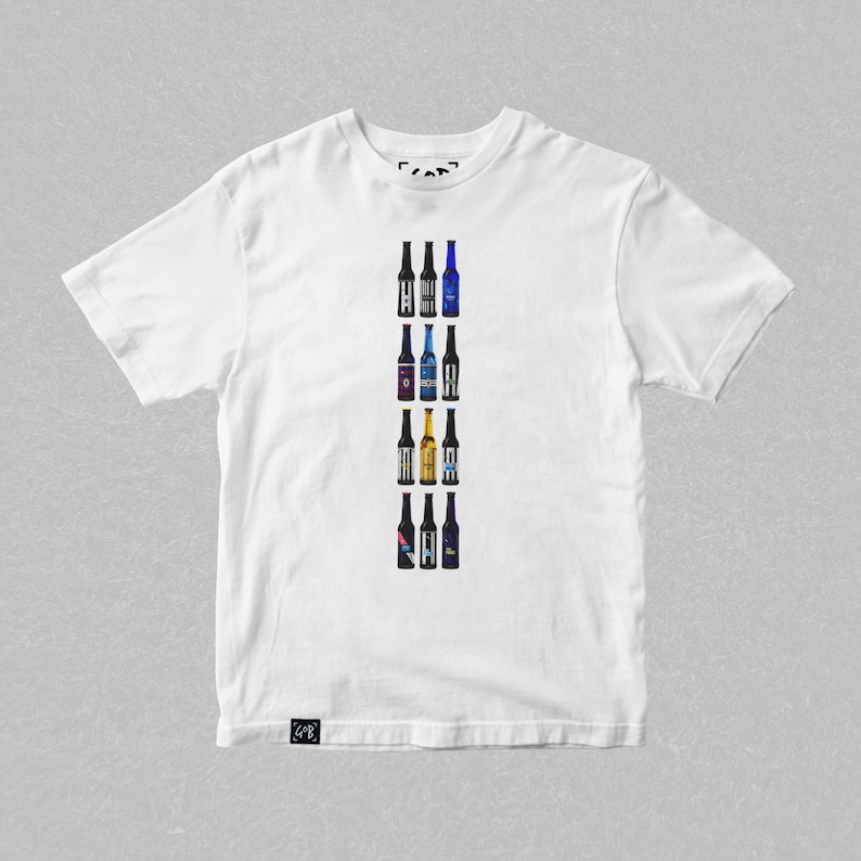 May include: White t-shirt with a vertical row of 12 different colored beer bottles printed on the front. The bottles are all different brands and styles.