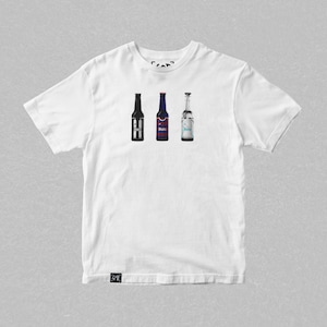 May include: White t-shirt with a graphic of three bottles of beer. The bottles are all different brands and have different labels. The shirt is a standard fit and has a crew neck.