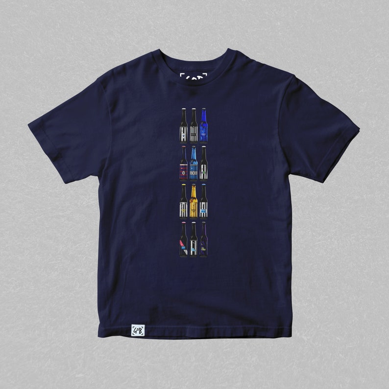 May include: A navy blue t-shirt with a graphic of a variety of beer bottles printed on the front. The bottles are arranged vertically in a row.