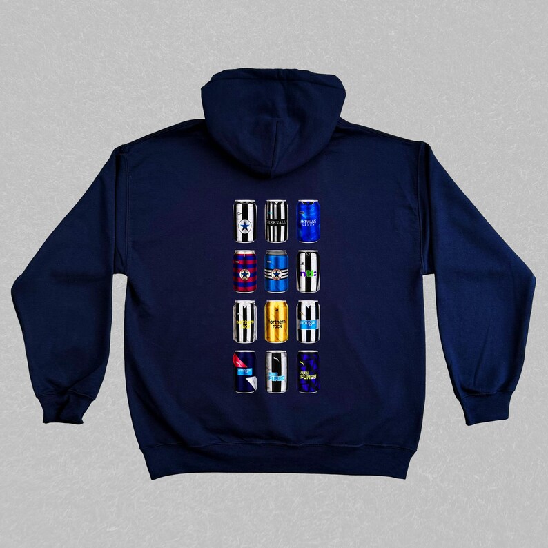 May include: A navy blue hoodie with a design of 12 different colored cans on the back. Each can has a different design and color scheme.
