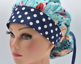 Scrub Hat for Women with Ponytail (LARGE), Bouffant Scrub Cap for Women, Surgical Scrub Hat, Scrub Hat with Buttons, Teal Bold Floral/Peach