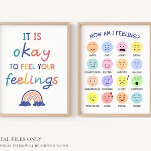 4 Gráfico de sentimientos Niños pequeños Emociones Cartel Psicólogo Decoración Niños Oficina de consejería escolar Aula Montessori Arte educativo imprimible