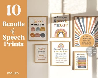 10 Speech Therapy Decor SLP Office Boho Therapist Wall Art Room Expectations Rules Poster Sign Speech Language Pathology Decorations Bundle