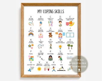 Kids Coping Skills Poster Counselor Social Worker Office Decor School Wall Art Therapy Psychology Anxiety Mental Health Strategies for Kids