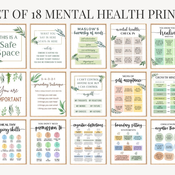 Paquete 18 Decoración de la oficina del consejero escolar Carteles de salud mental Consejería Arte de la pared Psicólogo Terapeuta TCC Impresiones Signos Trabajador social