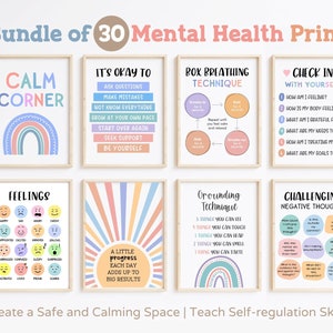 30 School Counseling Posters Counselor Office Decor Psychologist Therapist Mental Health Bundle Therapy Wall Art Set Signs Door Gifts CBT