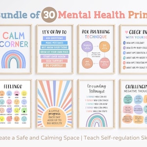 30 School Counseling Posters Counselor Office Decor Psychologist Therapist Mental Health Bundle Therapy Wall Art Set Signs Door Gifts CBT