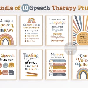 K&ouml;nnte beinhalten: Ein Satz von 10 druckbaren Postern f&uuml;r Sprachtherapie. Die Poster zeigen bunte Regenb&ouml;gen und Texte wie "Willkommen in der Sprachtherapie", "Erwartungen im Sprachraum", "5 Komponenten der Sprache", "Ein kleiner Fortschritt jeden Tag summiert sich zu gro&szlig;en Ergebnissen", "In der Sprache benutzen wir unsere", "Test l&auml;uft, bitte nicht st&ouml;ren", "Ged&auml;chtnistechniken" und "Deine Stimme z&auml;hlt".