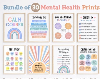 May include: A set of 30 printable posters for mental health awareness. The posters feature colorful illustrations and positive affirmations. The posters are designed to help children and adults learn about mental health and self-care.