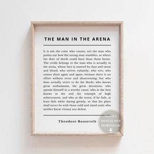 The Man In The Arena Quote Print Poster Printable Teddy Roosevelt quotes Theodore Resilience Wall Art Office Decor Therapist Resilient Gift