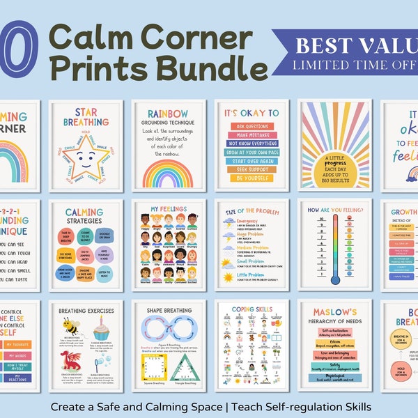 30 Calm Down Corner Posters Sign Kit Calming Decor Print Educational Wall Art Printable for Set Kids Classroom Preschool Toddler Homeschool