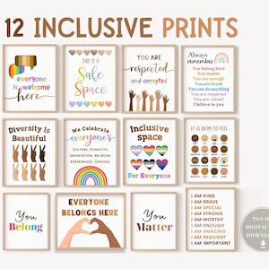 Set 12 Pride Month Sign Poster Decor LGBTQ Decorations Inclusive Wall Art School Classroom Equality Safe Space Diversity Social Worker Gifts