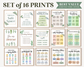 16 Therapist Office Decor Social Worker Posters Therapy Wall Art Counselor Prints School Counseling Bundle Mental Health Sign Psychology CBT