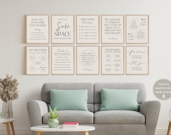 14 Paquete de carteles de salud mental Consejería Decoración de oficina Psicoterapia Arte de pared Psicoterapeuta para impresiones Psych Set Citas de consejeros escolares