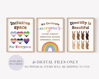 Peut inclure: Trois affiches imprimables avec des messages sur l'inclusion et la diversité. La première affiche présente un motif de cœur arc-en-ciel et le texte "Espace inclusif pour tous". La deuxième affiche présente un arc-en-ciel et le texte "Nous célébrons la culture, l'ethnicité, l'orientation, la religion, les expériences et les choix de chacun". La troisième affiche présente une rangée de signes de paix dans différentes teintes de peau et le texte "La diversité est belle".