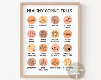 Habilidades de afrontamiento saludable Cartel Consejería Decoración Psicología Oficina Arte Psicoterapia Impresiones Consejero de pared Ansiedad Salud Mental Autocuidado CBT